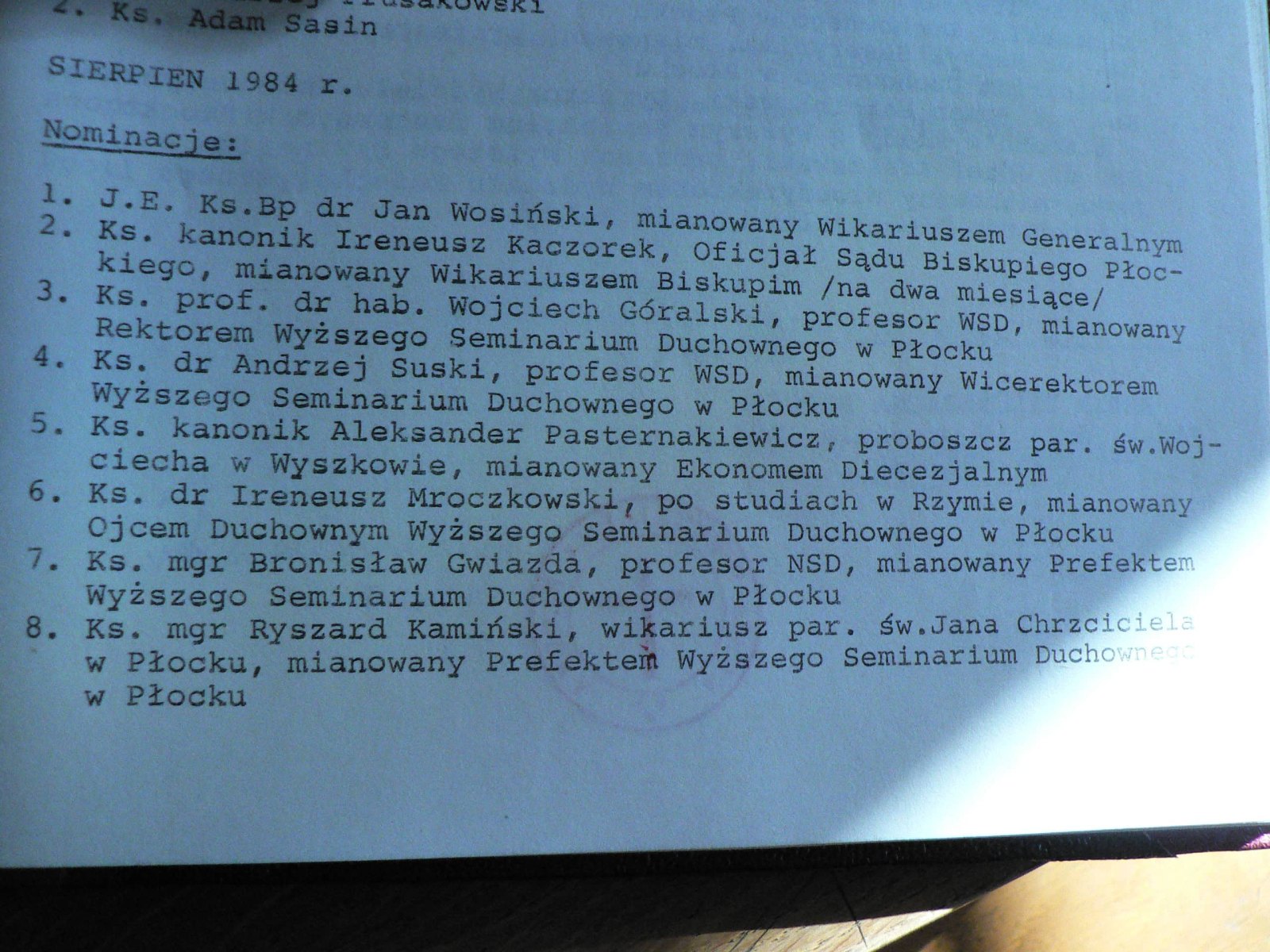 1984 Komunikat o nominowaniu ks. Pasternakiewicza na Ekonoma Diecezjalnego